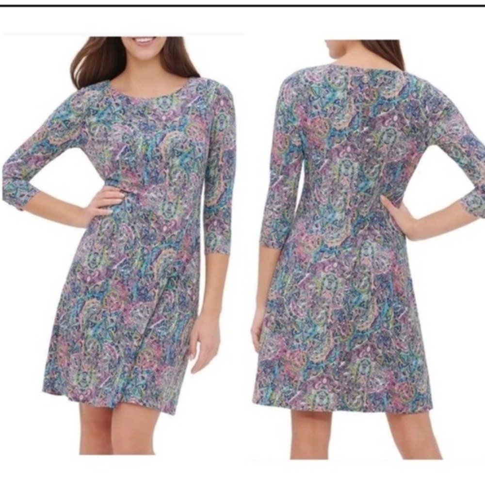 Tommy Hilfiger Floral Paisley Jersey 3/4 Sleeve A-Line Dress Pink Blue Sz 4 NWT